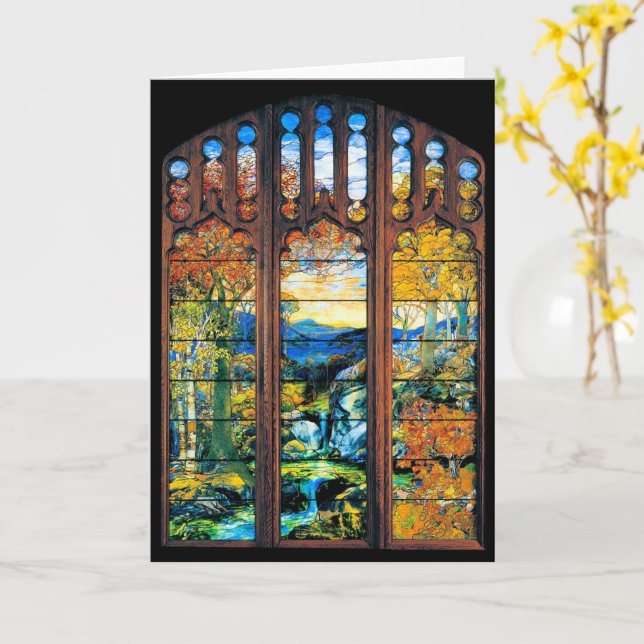 Tiffany Stained Glass Window Fall Landscape Card (Yellow Flower)