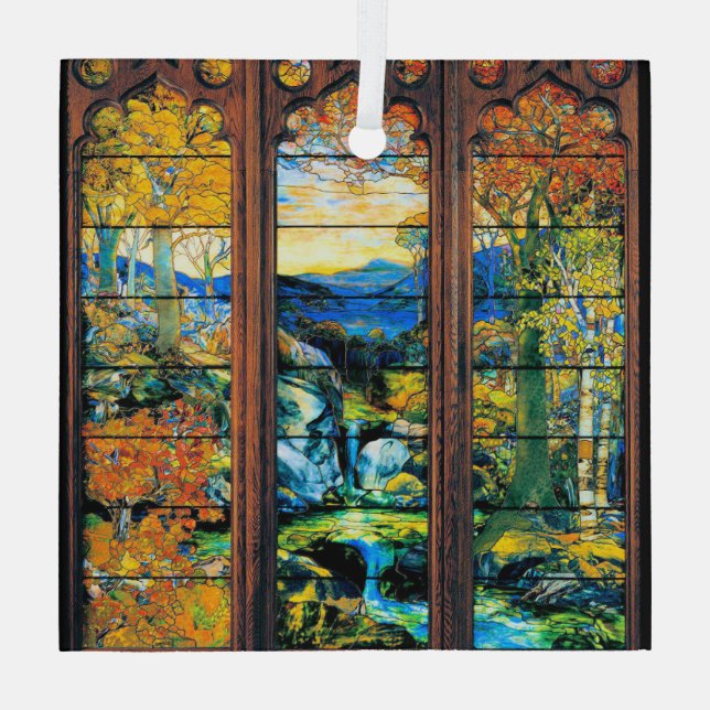 Tiffany Stained Glass Window Fall Landscape Tree Decoration (Back)