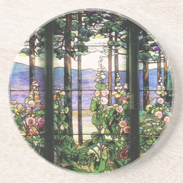 Tiffany Stained Glass Window Hollyhocks Art Coaster (Front)