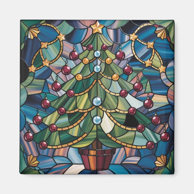 Tiffany-Style Stained Glass Christmas Tree Magnet (Front)