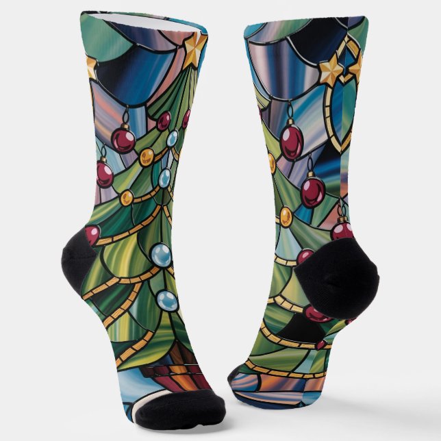 Tiffany-Style Stained Glass Christmas Tree Socks (Angled)