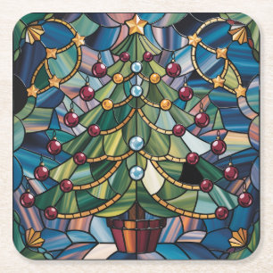 Tiffany-Style Stained Glass Christmas Tree Square Paper Coaster