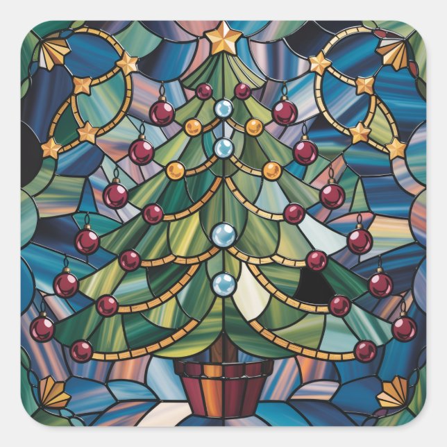 Tiffany-Style Stained Glass Christmas Tree Square Sticker (Front)