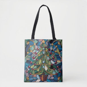 Tiffany-Style Stained Glass Christmas Tree Tote Bag