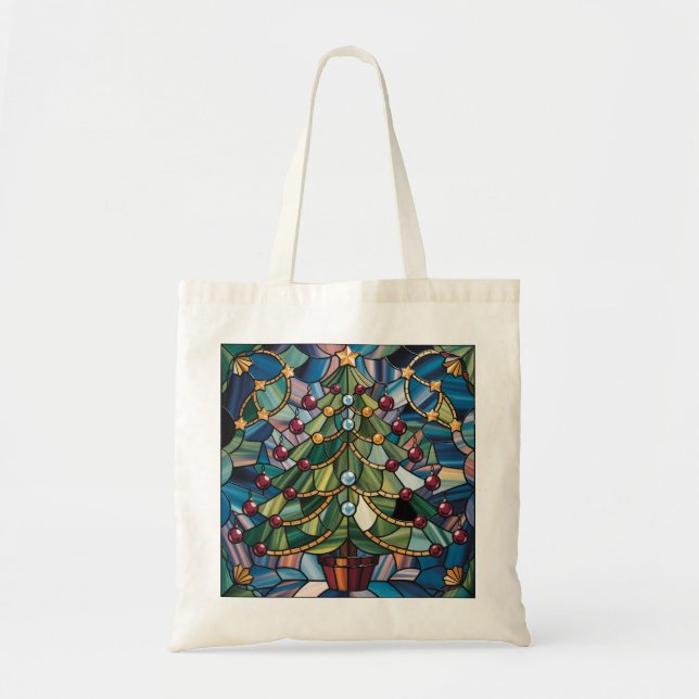 Tiffany-Style Stained Glass Christmas Tree Tote Bag (Front)