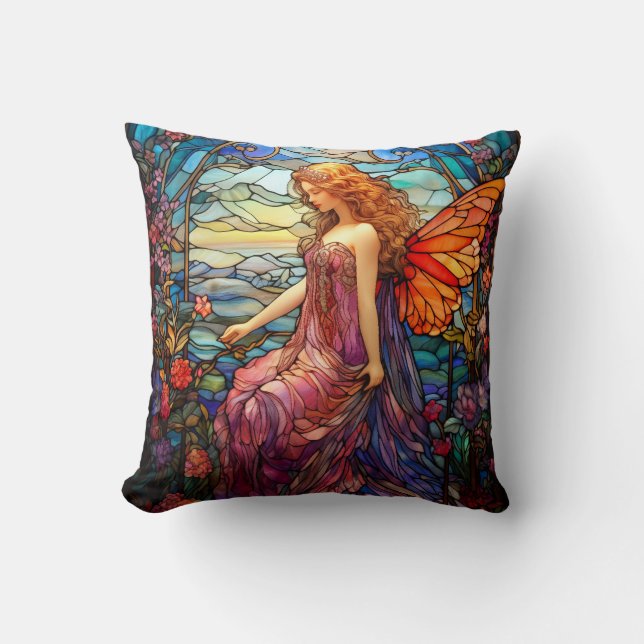 Tiffany Style Stained Glass Magical Fairy Cushion (Front)