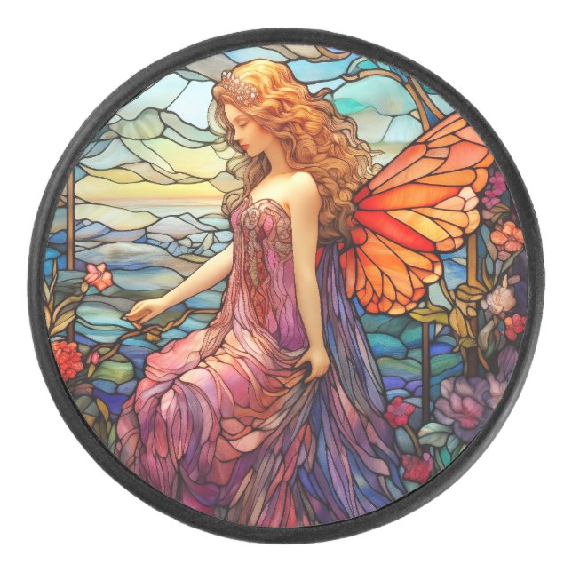 Tiffany Style Stained Glass Magical Fairy Hockey Puck (Front)