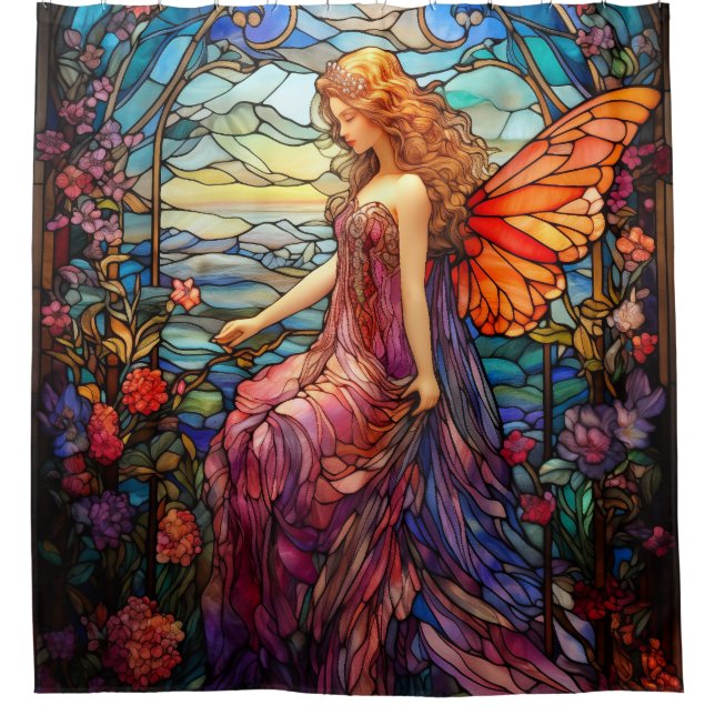 Tiffany Style Stained Glass Magical Fairy Shower Curtain (Front)