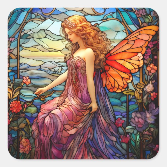 Tiffany Style Stained Glass Magical Fairy Square Sticker (Front)