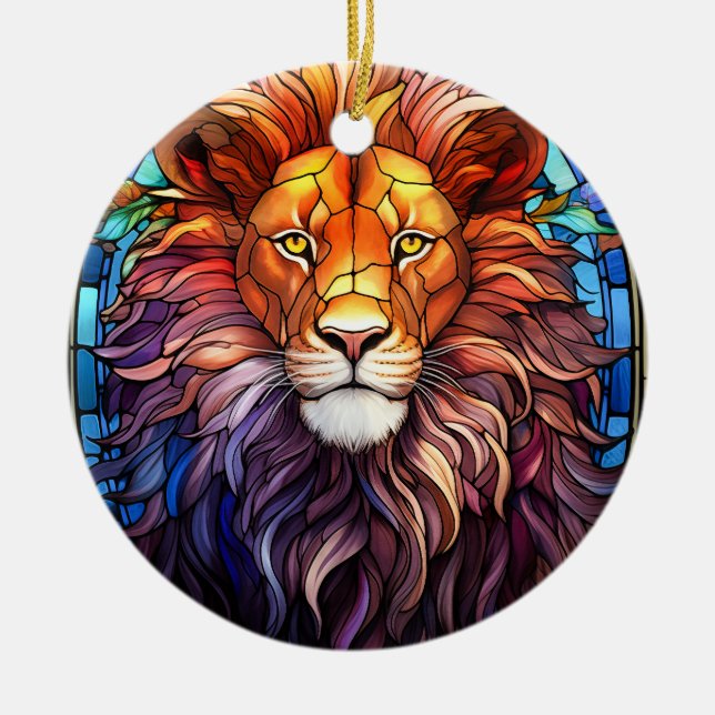 Tiffany-Style Stained Glass Majestic Lion Ceramic Tree Decoration (Front)