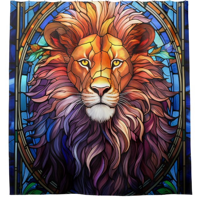 Tiffany-Style Stained Glass Majestic Lion Shower Curtain (Front)
