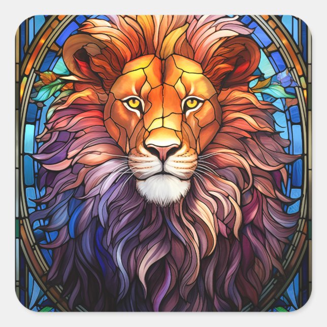 Tiffany-Style Stained Glass Majestic Lion Square Sticker (Front)