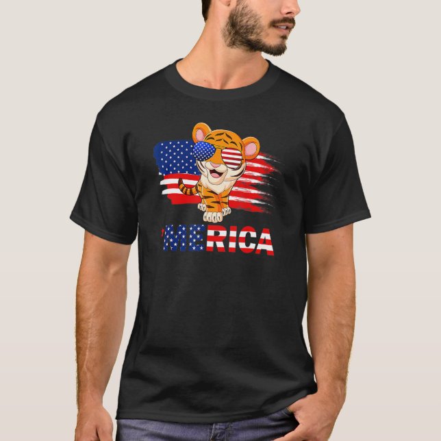 Tiger American Flag Sunglasses Merica  4th Of July T-Shirt (Front)