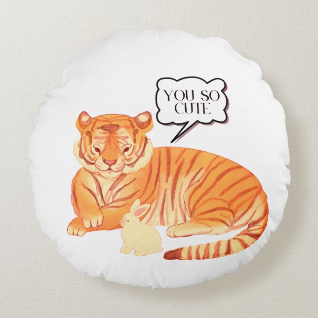  Tiger and Bunny Friendship – Cute Animal Illustra Round Cushion (Front)