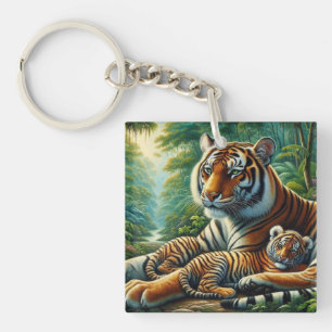 Tiger and Cub in a Lush Jungle Painting Key Ring