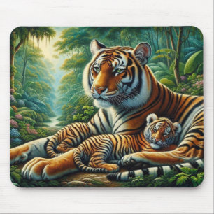 Tiger and Cub in a Lush Jungle Painting Mouse Mat