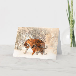 Tiger and Cub in Snow During Winter Greeting Card