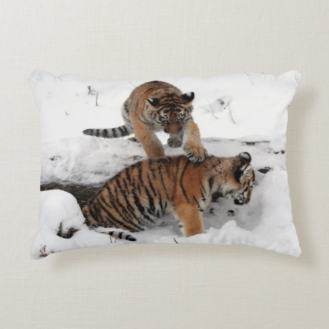 Tiger and Cubs playing in the snow Decorative Cushion (Front)