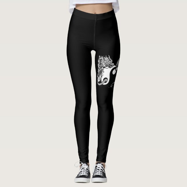 Tiger and Dragon, Yin Yang, Modern black and white Leggings (Front)
