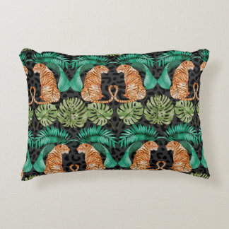 Tiger and Leaves in Watercolor Seamless Pattern Decorative Cushion