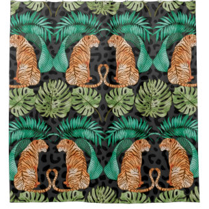 Tiger and Leaves in Watercolor Seamless Pattern Shower Curtain