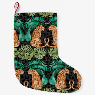 Tiger and Leaves in Watercolor Seamless Pattern Small Christmas Stocking
