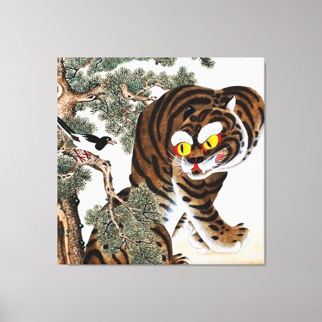 Tiger and Magpie Minhwa under Pine Tree Canvas Print (Front)