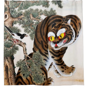 Tiger and Magpie Minhwa under Pine Tree Shower Curtain