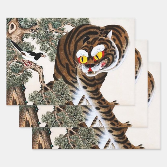 Tiger and Magpie Minhwa under Pine Tree Wrapping Paper Sheet (Set)