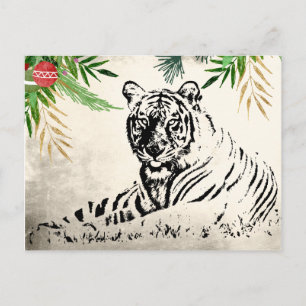 Tiger and Palm Fronds Holiday Christmas Thank You Postcard