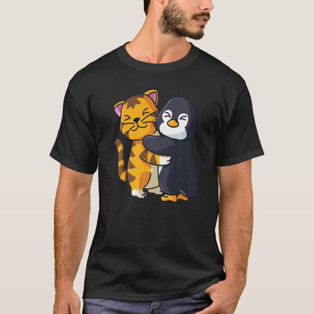 Tiger And Penguin Cute Zoo Animals Hugging   T-Shirt (Front)
