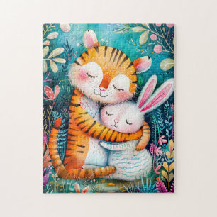 Tiger and Rabbit Embrace on in night time at fores Jigsaw Puzzle