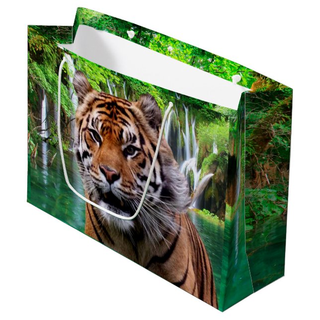 Tiger and Waterfall Large Gift Bag (Front Angled)