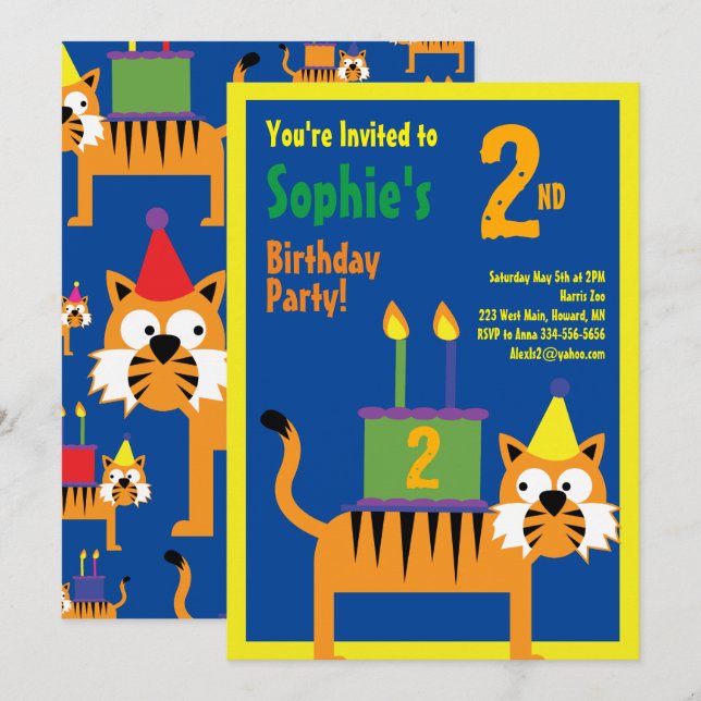 Tiger Animal Kid's Birthday Party Invitations (Front/Back)