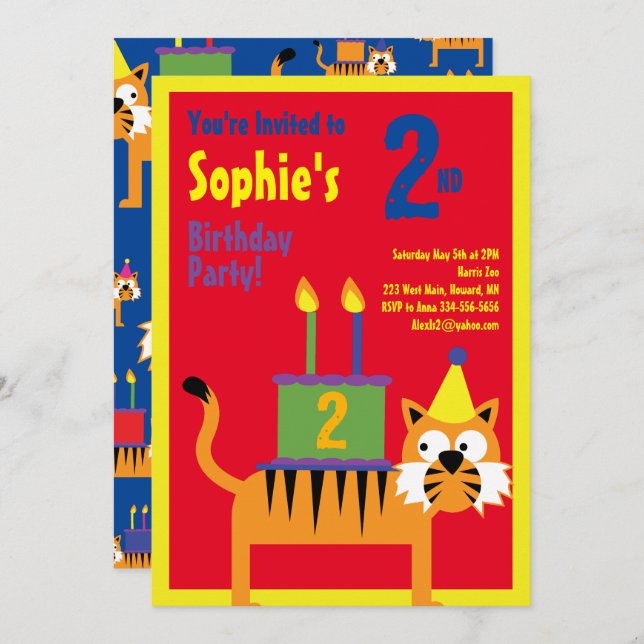 Tiger Animal Kid's Birthday Party Invitations (Front/Back)
