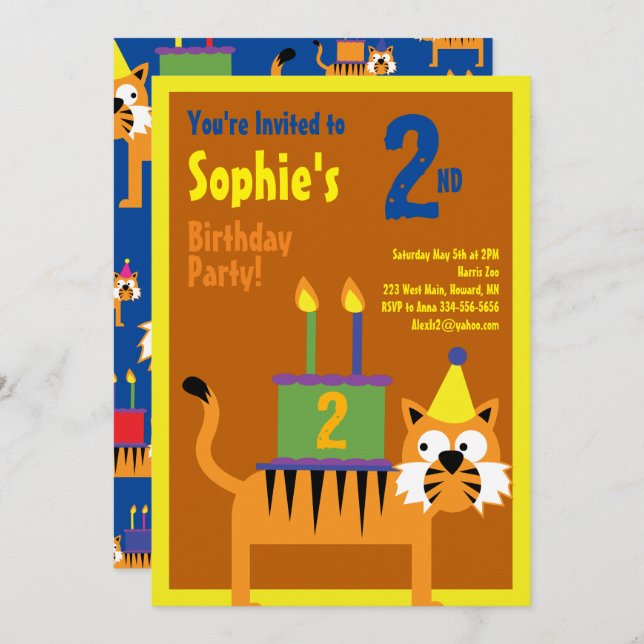 Tiger Animal Kid's Birthday Party Invitations (Front/Back)