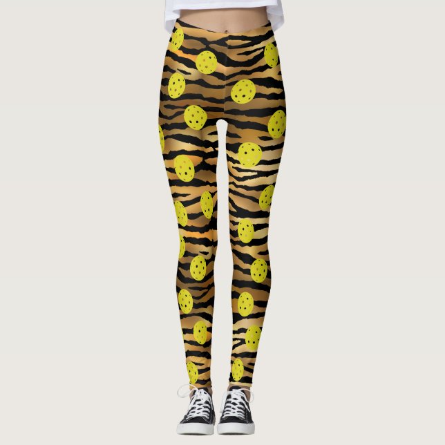 Tiger Animal Print Gold Brown Yellow Pickleball Leggings (Front)