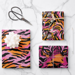 Tiger Animal Print Pink& Orange Retro Glamourous Wrapping Paper Sheet