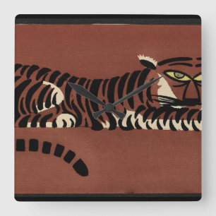Tiger - Antiquarian, Colourful Book Illustration Square Wall Clock