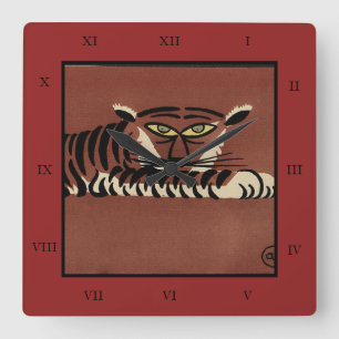 Tiger - Antiquarian, Colourful Book Illustration Square Wall Clock