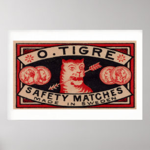 Tiger Arrow Coins Sweden Vintage Matchbox Label Poster