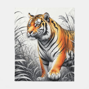 Tiger Art Color Partial Black White Drawing Fleece Blanket