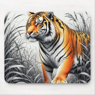 Tiger Art Color Partial Black White Drawing Mouse Mat