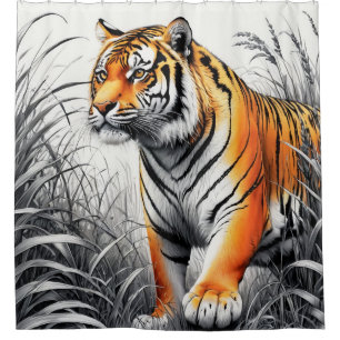 Tiger Art Color Partial Black White Drawing Shower Curtain