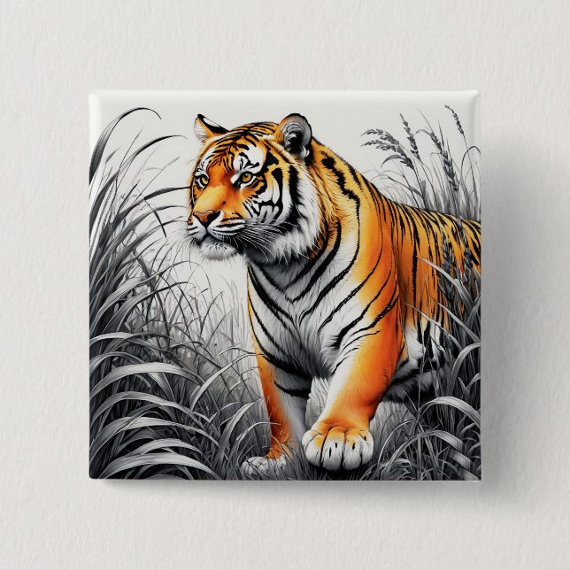 Tiger Art Colour Partial Black White Drawing 15 Cm Square Badge (Front)