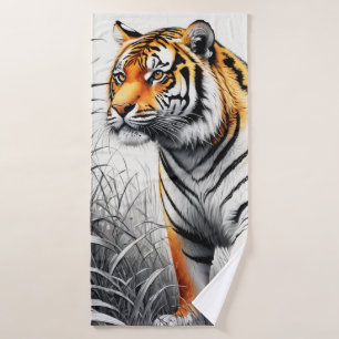 Tiger Art Colour Partial Black White Drawing Bath Towel