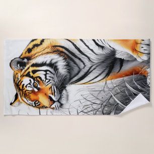 Tiger Art Colour Partial Black White Drawing Beach Towel