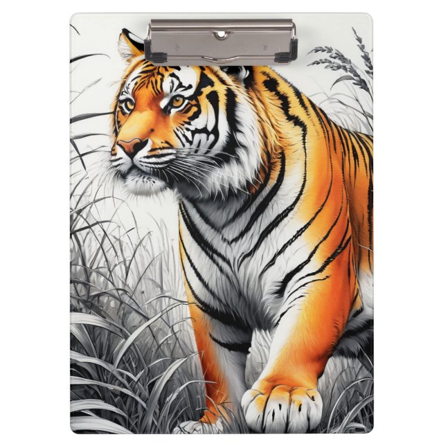 Tiger Art Colour Partial Black White Drawing Clipboard (Front)