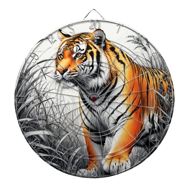 Tiger Art Colour Partial Black White Drawing Dartboard (Front)