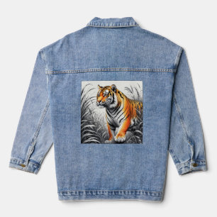 Tiger Art Colour Partial Black White Drawing Denim Jacket